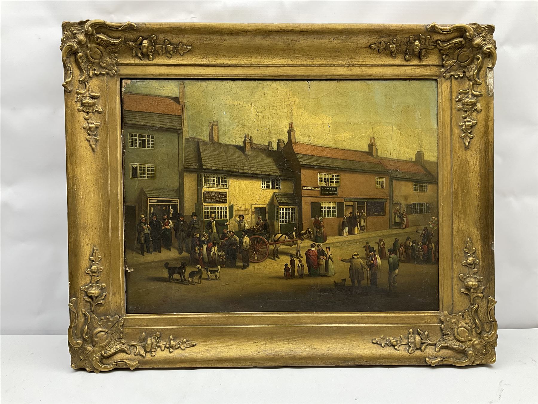 H Wheldon (19th century): High Street outside the Rose and Crown with Durham fishmonger in the foreground, oil on canvas signed and dated 1848, 42cm x 57cm