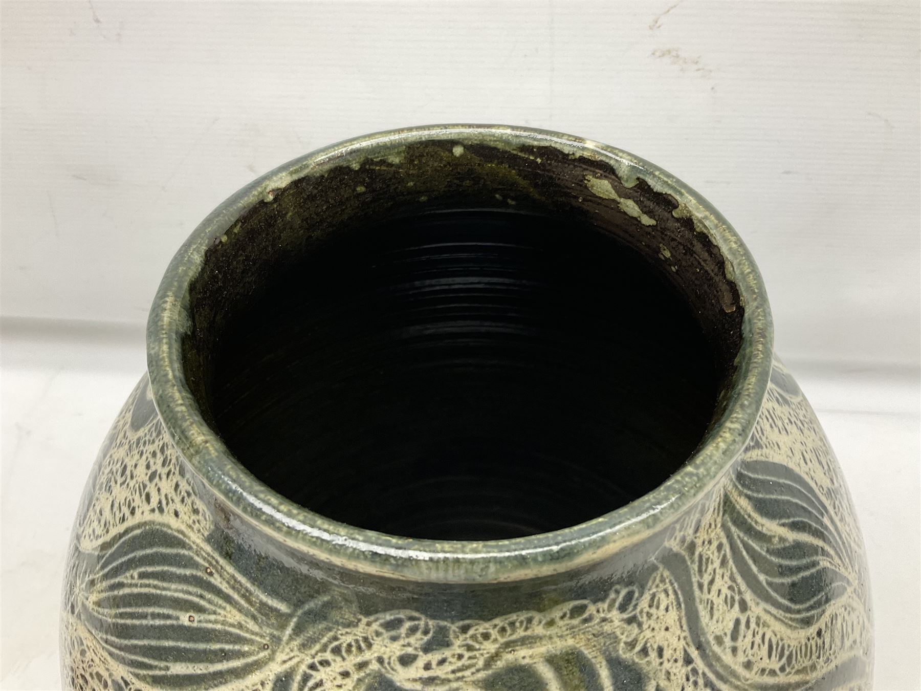 John Egerton (c1945-): studio pottery stoneware vase decorated with fish, mermaids and ammonites, H38cm