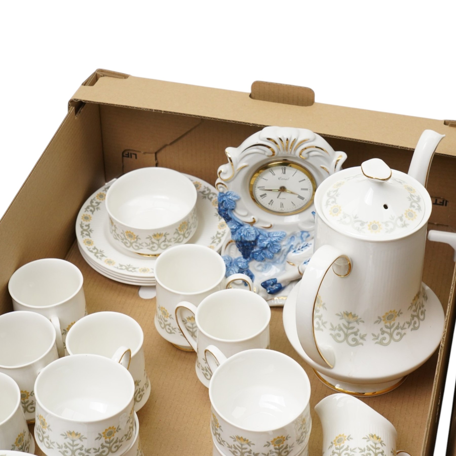 Portmerion Harvest Blue pattern plates, Paragon Fiona pattern tea service, a silver plated tea and coffee service, etc, contents in two boxes