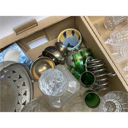 19th century cut glass decanter with star cut base, together with other glass decanters and glassware, drinking glasses, and silver-plate twin handled tray and other metal ware etc in three boxes