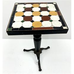 Square tile top table, turned wooden column on cast iron tripod base