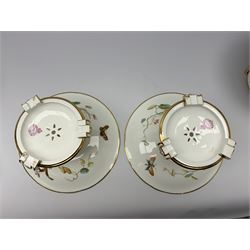 19th century Minton dessert service, comprising four comports, one tazza, and twelve plates, each hand painted with birds perched upon branches, and further detailed with insects and heightened in gilt, with printed retailers mark beneath for John Mortlock Oxford Street London, and impressed Minton mark to most, comport H13.5cm, plates D23.5cm. 
