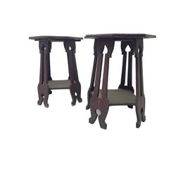 Pair Arts & Crafts period side tables, octagonal moulded top, on four supports with pierced decoration terminating at splayed feet, the supports joined by octagonal undertier, with label 'Palliser's Wolverhampton'