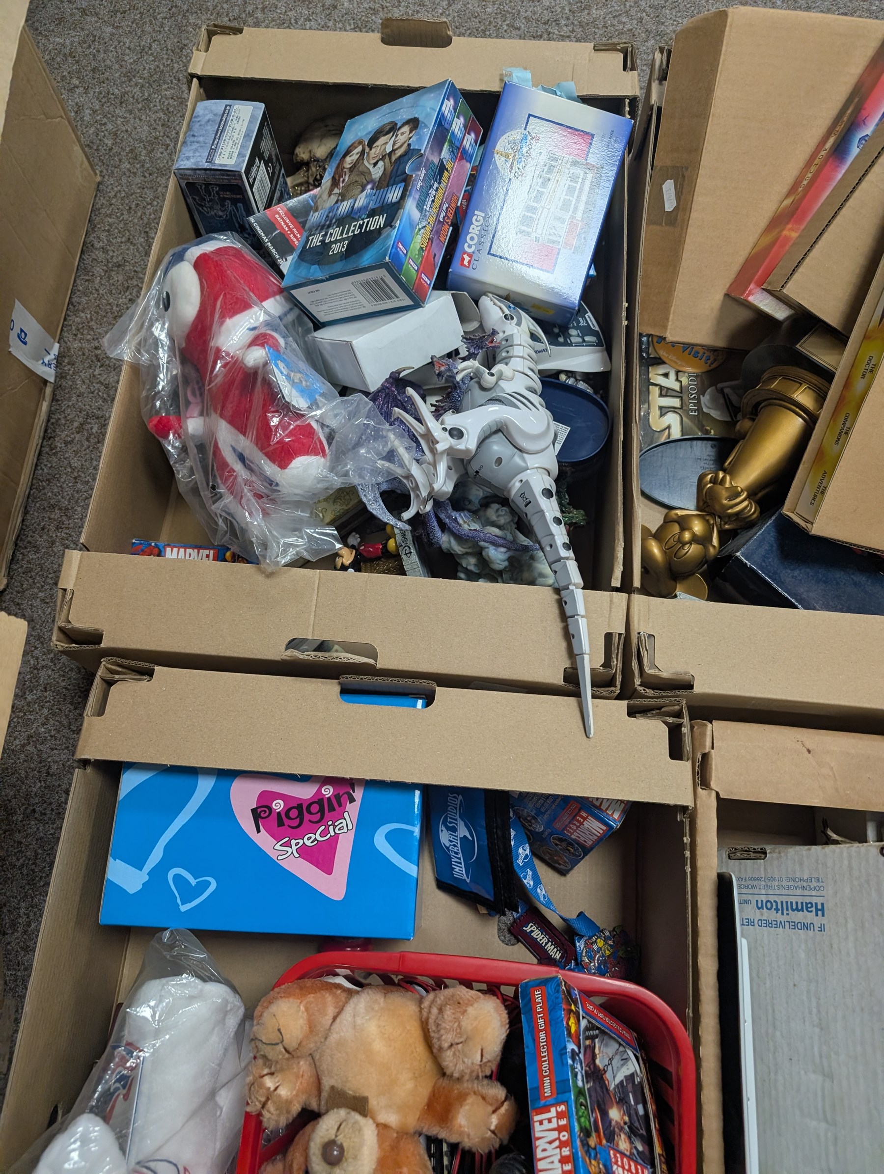 Large collection of Sci-Fi collectors plates, including Doctor Who, Star Trek and Buffy examples, together with Disney MGM trophy, diecast trains and other collectables, in six boxes