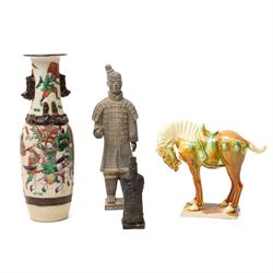 Chinese Nanking vase, painted with a scene of warriors, H28.5cm; together with a glazed fi...