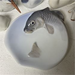 Seven Royal Copenhagen figures, including Arctic tern no 827, Swan no 755, Kingfisher no 2257 etc, together with Royal Copenhagen dish