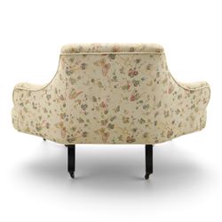 Victorian mahogany frame parlour settee, in back-buttoned floral and butterfly patterned fabric