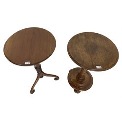 19th century walnut occasional table, circular moulded top on bobbin turned stem, circular moulded base on compressed feet (H70cm); 19th century walnut tripod table, circular table on turned stem, on splayed supported with scrolled terminals (H74cm)