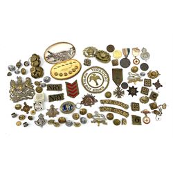 WW1 French Croix de Guerre medal dated 1914-18 with star on ribbon; Yorkshire North & East Ridings Provincial Grand Deacon masonic silver and enamel pendant and blazer badge; helmet plate, cap badges and assorted military buttons including boxed Royal Artillery set of waistcoat buttons etc
