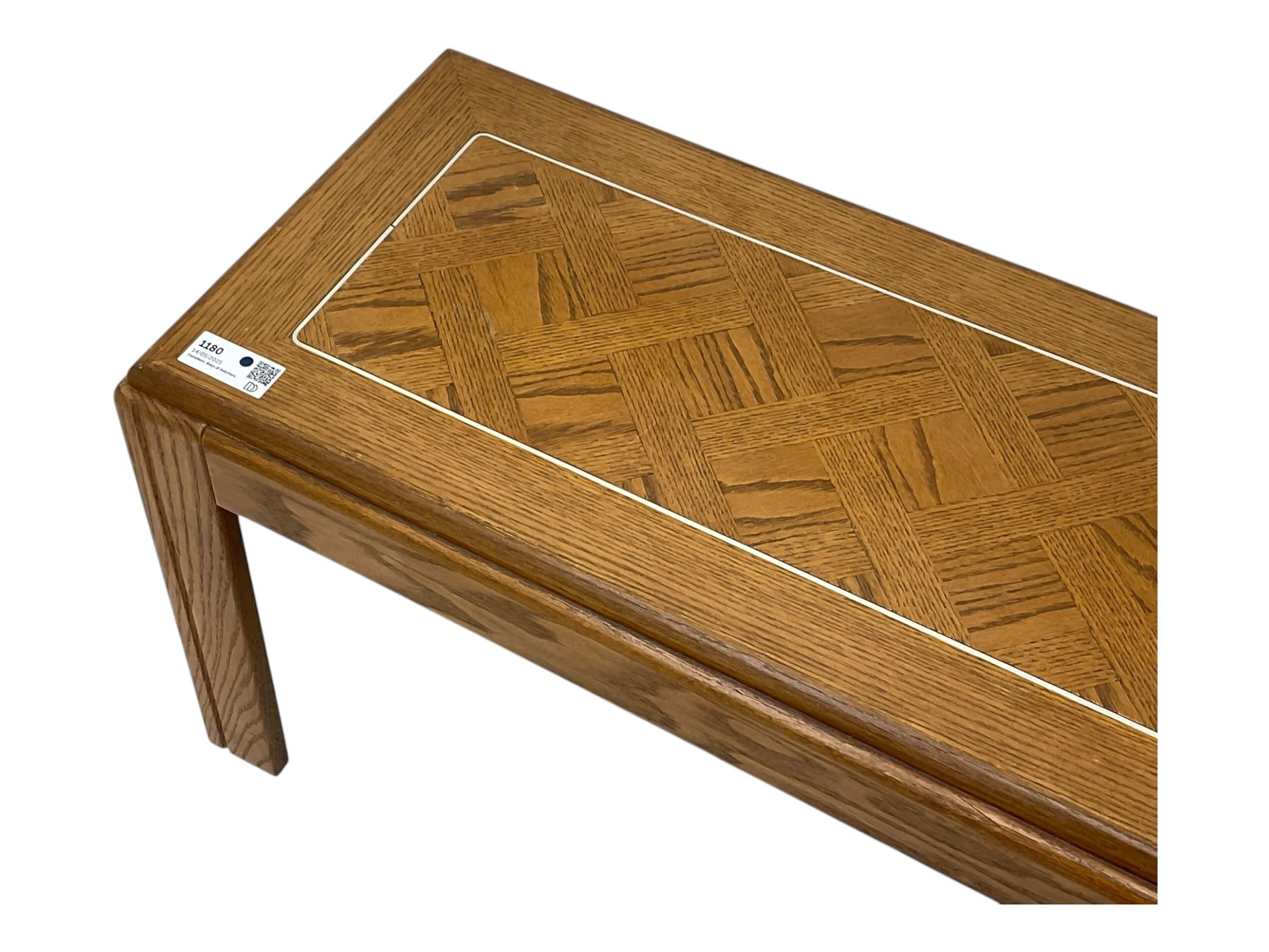 Late 20th century oak coffee table, rectangular top with parquetry inlay, raised on square tapered legs