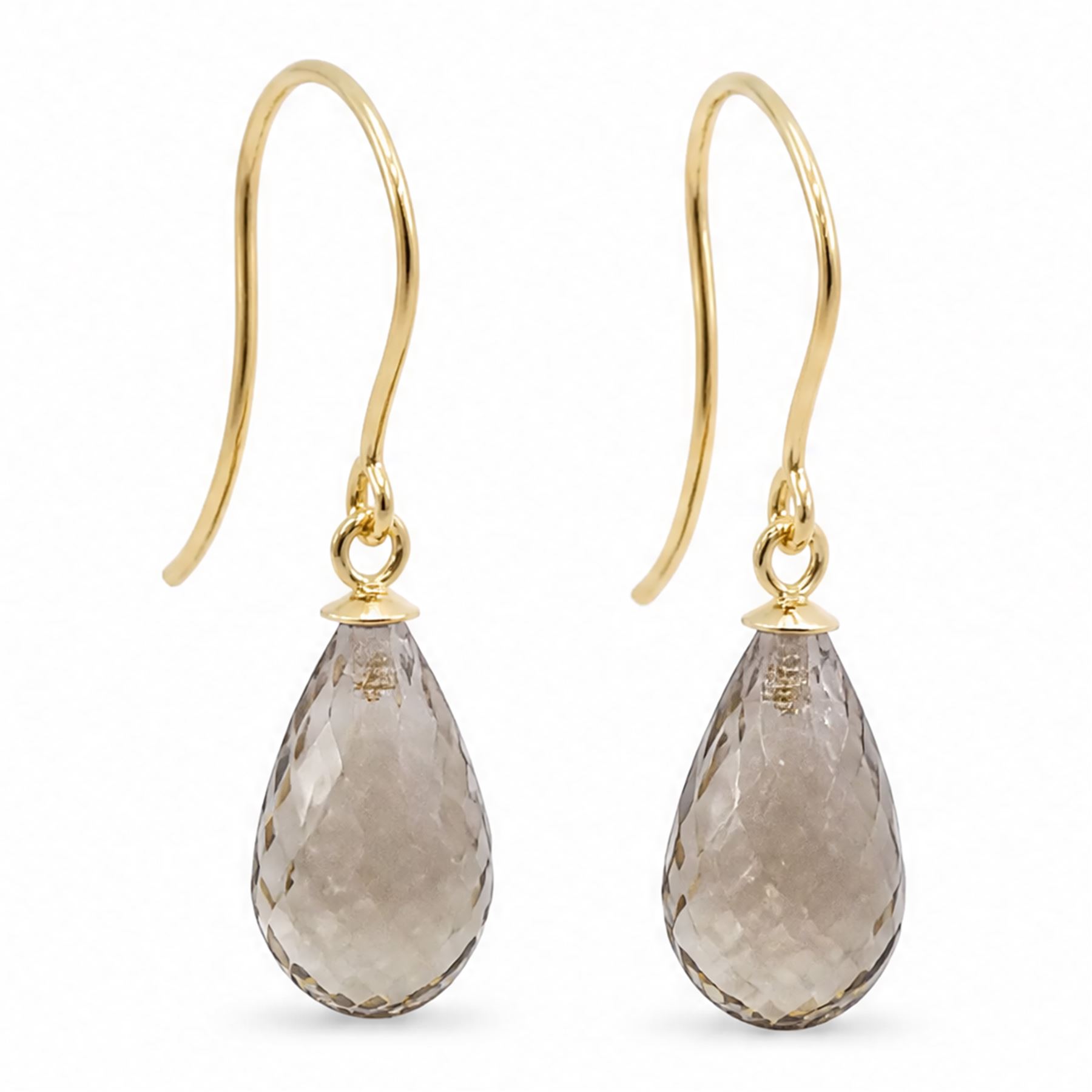 Pair of 9ct gold smokey quartz pendant earrings, each stud set with a single briolette cut quartz, stamped 375