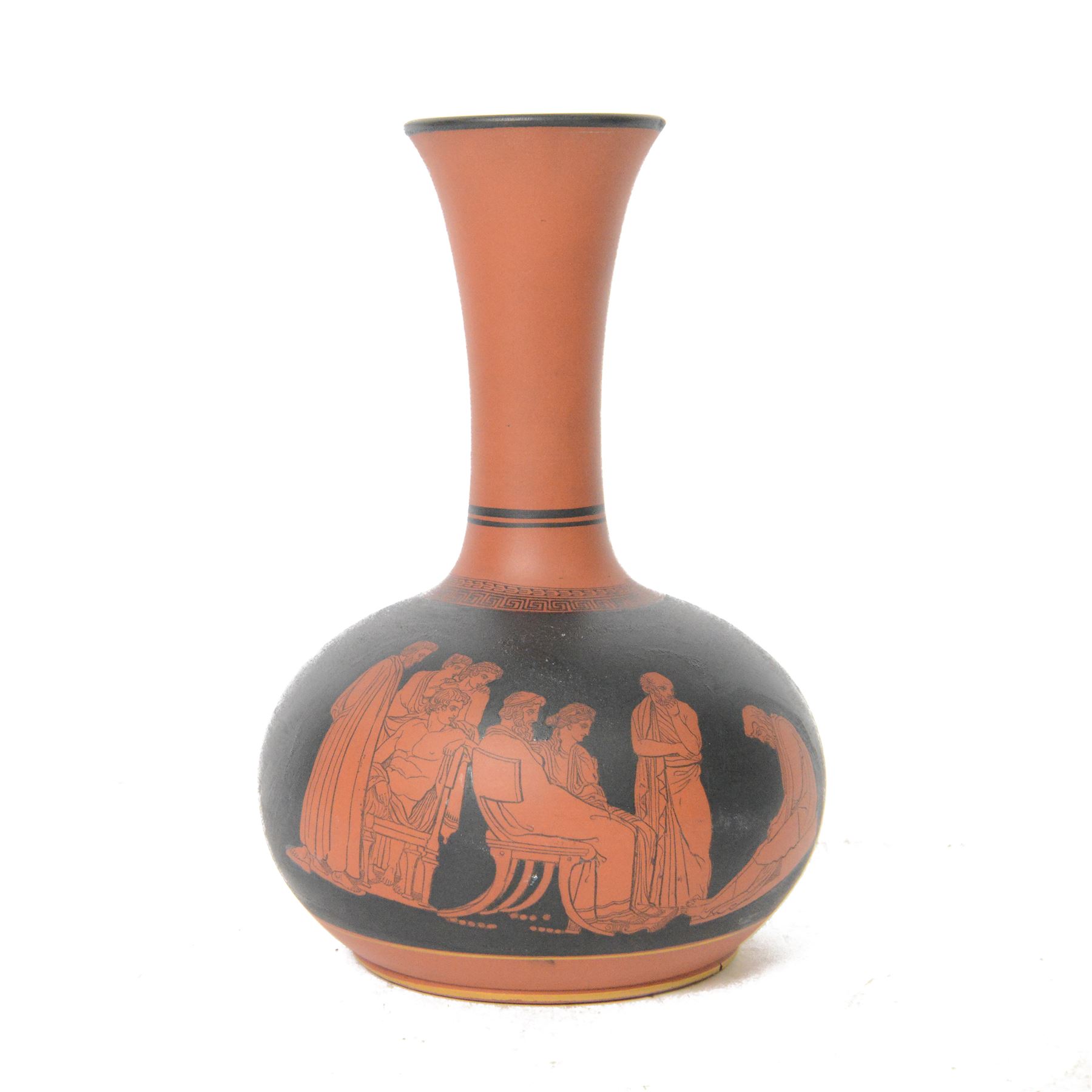 Bishops Waltham vase, of squat baluster form with elongated fluted rim, decorated with classical figures and Greek key banding, H21cm