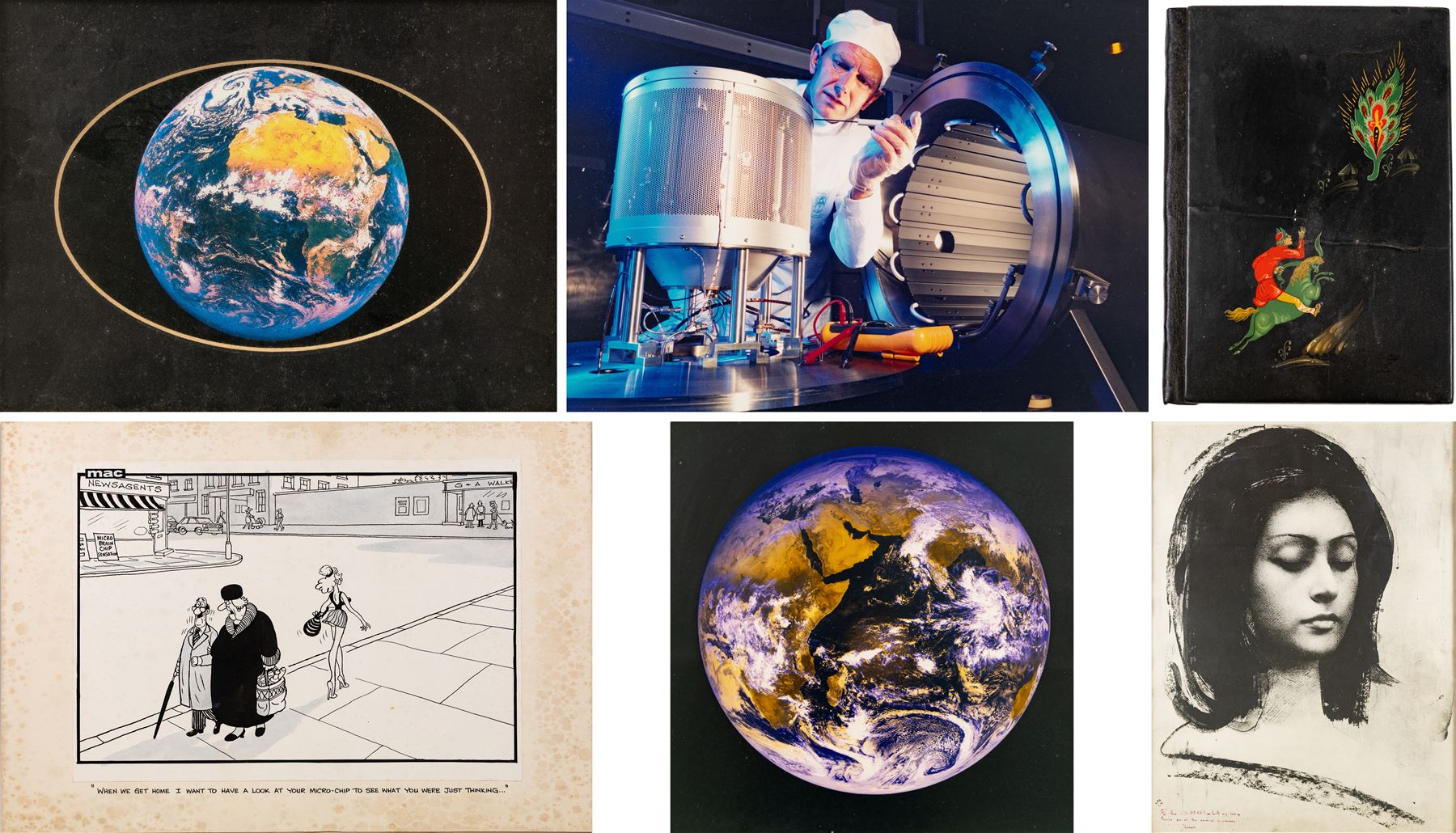Stanley McMurtry (Mac) (British 1936-) original cartoon presented to Arthur C Clarke by the artist and the Daily Mail 1996, together with other items gifted to Arthur C Clarke, including Annigoni limited edition print of Sri Lankan model Sharmini signed and dedicated to Arthur and his brother by the model, two framed images of Earth, a Russian address book with a hand-written dedication to the first page and a framed image of a 22cm Ion Thruster, largest H85cm

Notes: This item is from the private collection of Arthur C. Clarke's brother.