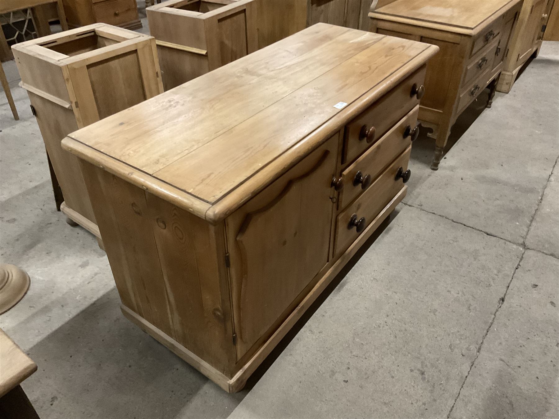 Victorian pine dresser, fitted with single cupboard door with shield shaped panel and three drawers, on bun feet - THIS LOT IS TO BE COLLECTED BY APPOINTMENT FROM THE OLD BUFFER DEPOT, MELBOURNE PLACE, SOWERBY, THIRSK, YO7 1QY