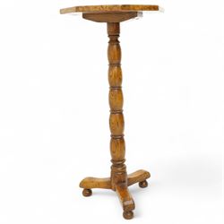 Figured and burr oak side table, octagonal top on turned column, out splayed supports on turned feet 