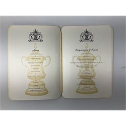 Hull City AFC 1947 presentation dinner menu/programme bearing twenty-four signatures including Bill Bly, David Davidson, Wilf Hassall, Harry Brown, Frank Buckley (Manager), Alderman Robinson Lord Major of Hull etc; and FA Cup 1981 Centenary Banquet menu/programme bearing multiple signatures including Bobby Robson, Ron Greenwood, Tom Finney, Tony Book, Frank McLintock, Bobby Kerr, Emlyn Hughes, Don Welsh, Johnny Carey etc; Provenance: By direct descent from the family of Raich Carter having been consigned by his daughter Jane Carter (2)