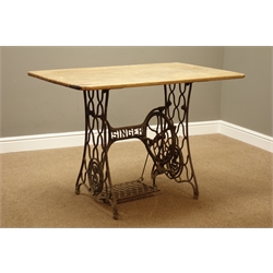  Rectangular oak top table on wrought metal singer sewing machine base, 110cm x 65cm, H75cm  