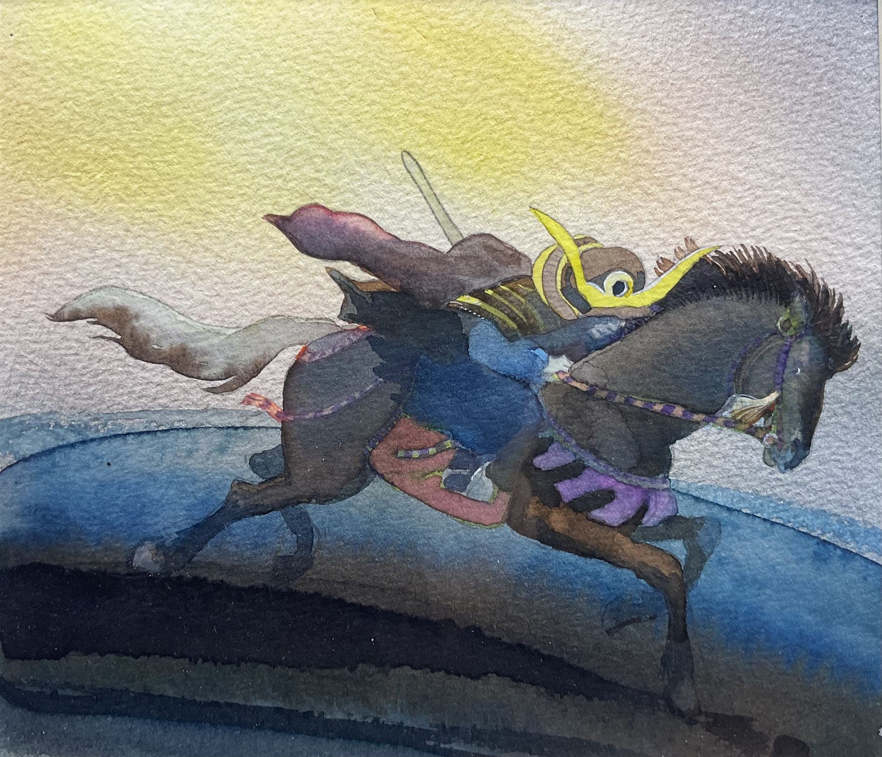 Michael Foreman OBE (British 1938-): The Third Knight, watercolour unsigned, titled on exhibition label verso 13.5cm x 15.5cm 
Provenance: exh. 'Michael Foreman: Telling Tales', Chris Beetles, April 2017, No.116; illustrated in Eric Quayle, 'The Shining Princess and other Japanese Legends', London: Anderson Press, 1989, p.19