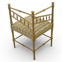 19th century Scandinavian corner chair, with rail back and sides formed with turned spindles and finial terminals, fitted with an upholstered seat in striped floral fabric, raised on turned supports united by stretchers