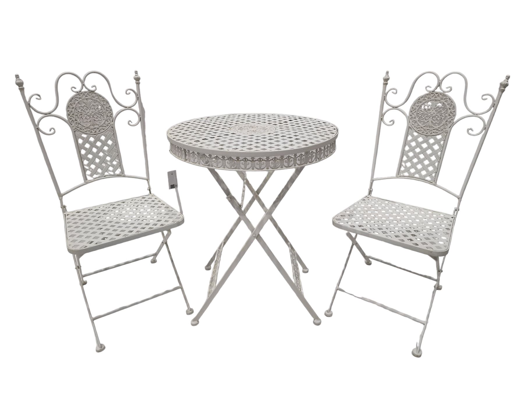 Wrought iron mesh style round bistro table and two chairs in white finish  - THIS LOT IS TO BE COLLECTED BY APPOINTMENT FROM DUGGLEBY STORAGE, GREAT HILL, EASTFIELD, SCARBOROUGH, YO11 3TX
