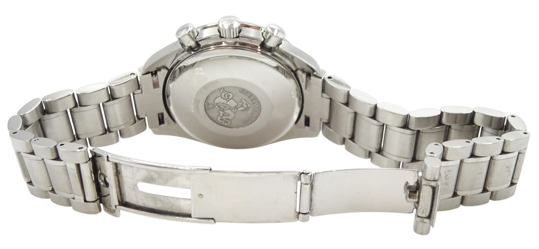 Omega Speedmaster gentleman's stainless steel automatic chronograph wristwatch, back case No. 175.0083, serial No. 57498920, silvered dial with date aperture and subsidiary dials for constant seconds, 30 minute and 12 hour register, stainless steel tachymetre scale bezel, on Omega stainless steel bracelet, with fold-over clasp, with warranty card