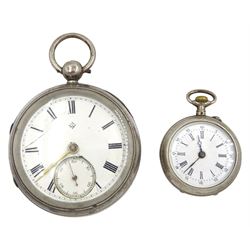 Silver open face keyless lever pocket watch by William Kirby, Malton, No. 223414, white enamel dial with Roman numerals and subsidiary seconds dial, case by Rotherham & Sons, Birmingham 1900 and silver cylinder ladies fob watch, the case stamped 800