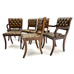 Set six (4+2) Georgian style dining chairs upholstered in deep buttoned dark green leather 