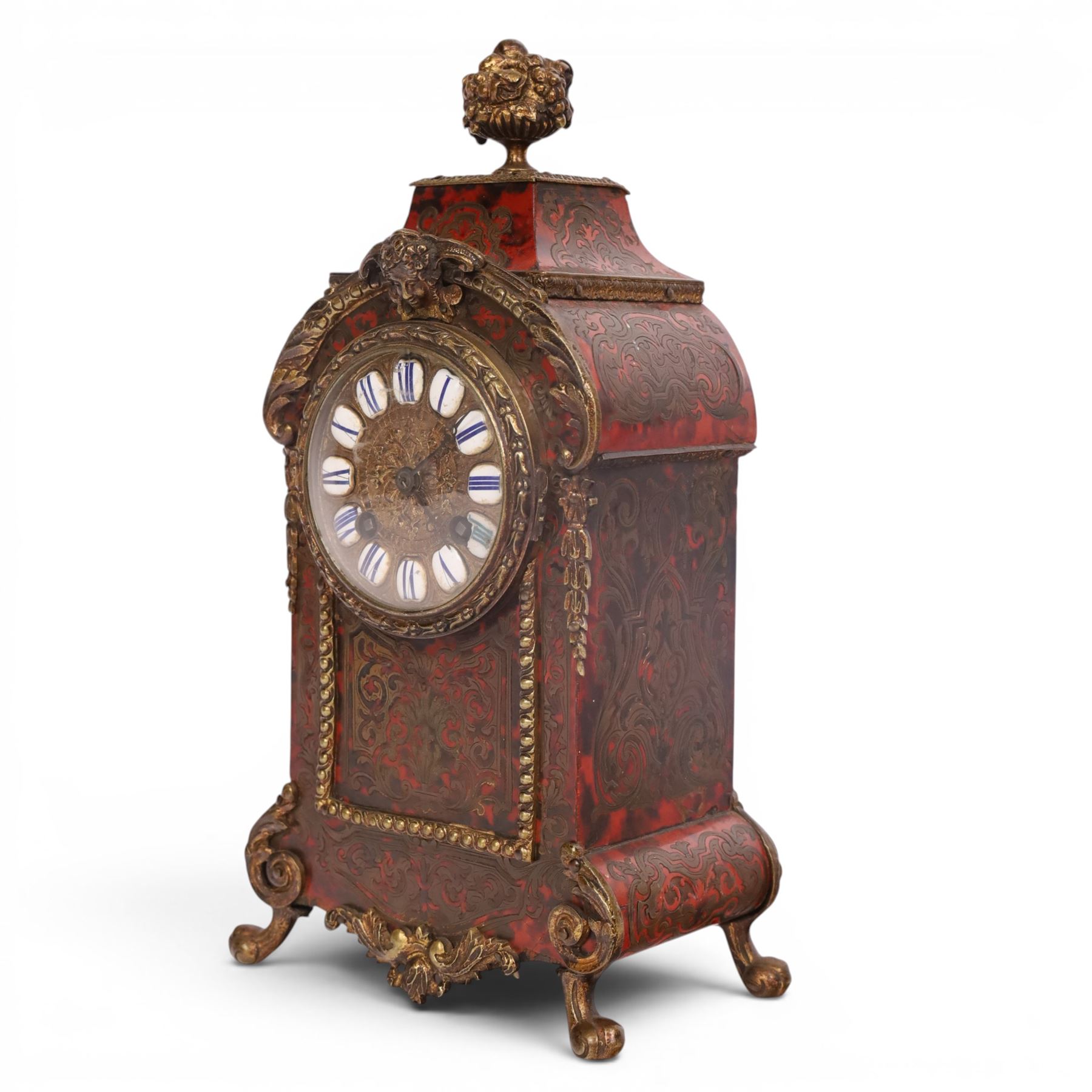 19th century,  French Boulle style mantel clock, drum movement, with a simulated scarlet tortoise shell, gilt brass dial inscribed with Roman numerals upon enamel lozenges, H30cm