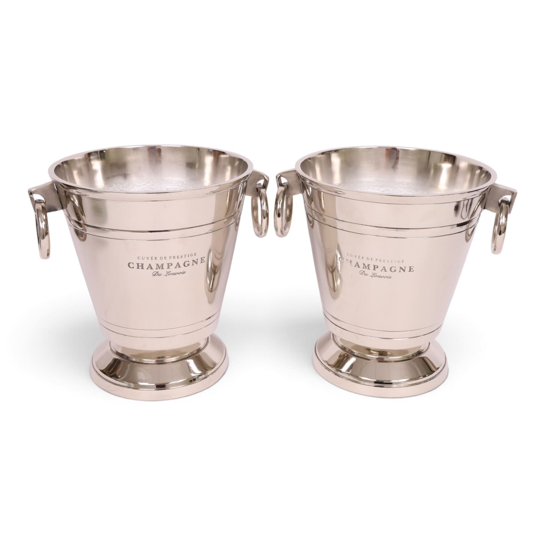 Pair champagne/ wine coolers, each with ring handles, upon a stepped circular base, H28cm