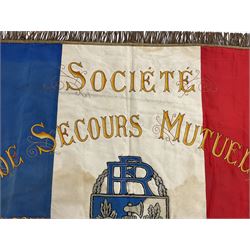 French State Police banner as the tricolor flag embroidered with coloured and metallic thread 'Societe De Secours Mutuels Un Pour Tous Tous Pour Un De La Police D'Eteat De Marseille' to one side; plain flag verso; tassels to three sides 100 x 113cm
