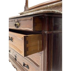 Mid-to late 20th century French walnut and marble dressing chest, the raised shaped mirror back with carved shell cartouche pediment with extending floral and foliate decoration, on variegated rouge and grey marble top with upper shelf, fitted with two short and three long drawers, shaped scroll carved apron on shell carved cabriole feet with scrolled terminals