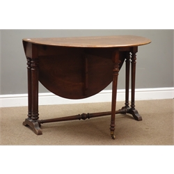  19th century oak Pembroke table, oval drop leaf top, turned and fluted pillar supports and gateleg action, 102cm x 134cm, H72cm  