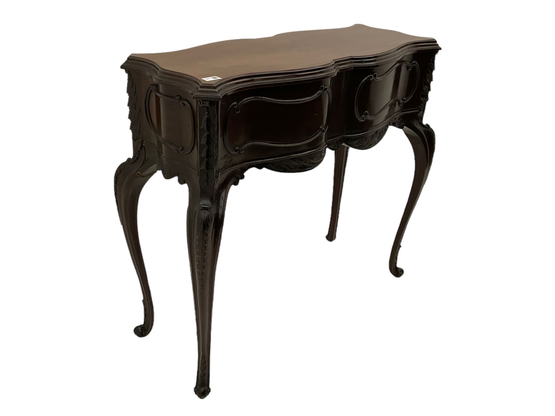 Late Victorian mahogany jardiniere planter stand, shaped form with fixed moulded top, applied c and s scroll mouldings and husks to the frieze and canted corners, acanthus carved cabriole supports with scroll carved terminals, 91cm x 37cm, H85cm