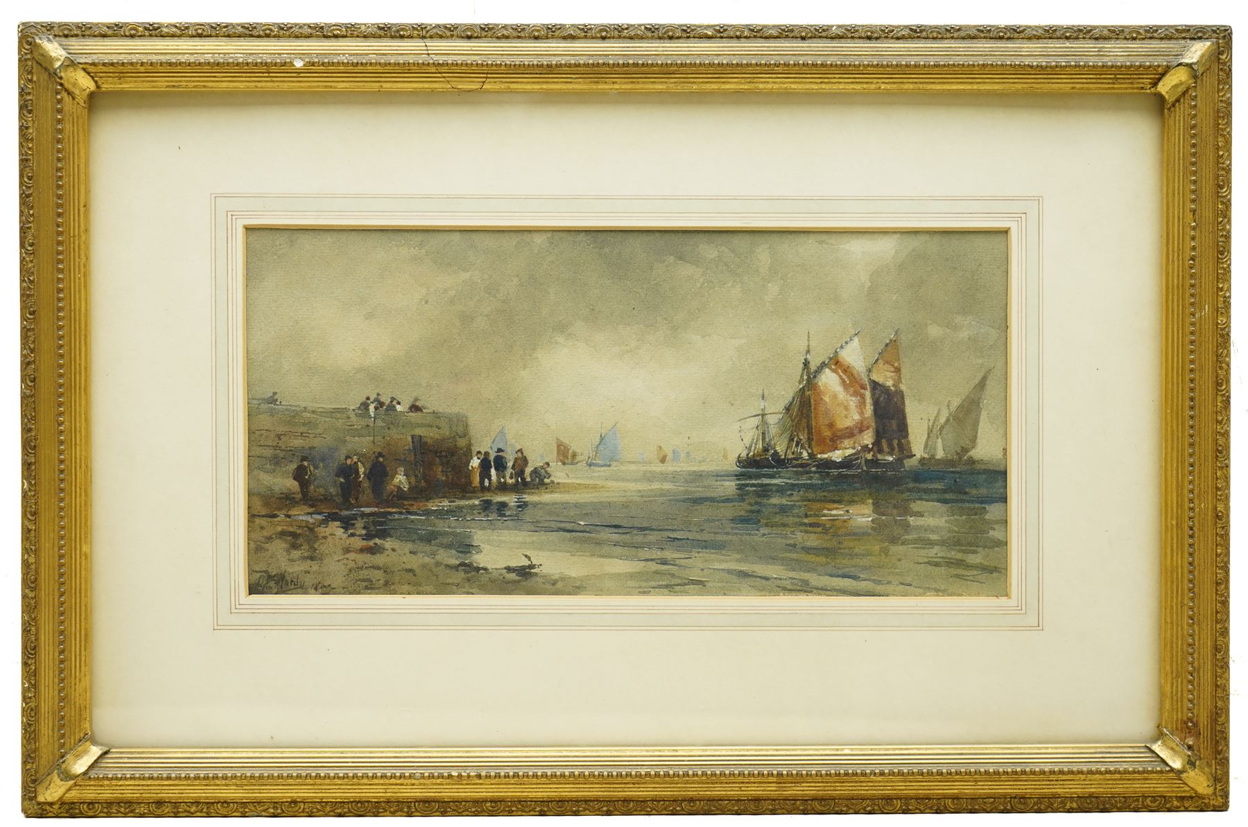 Thomas Bush Hardy (British 1842-1897): Dutch Coastal Scene with Figures and Ships, watercolour signed and indistinctly dated 18**, 16cm x 33cm