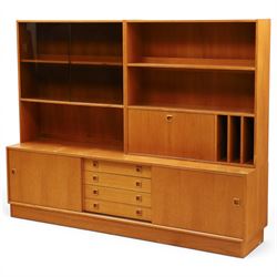 Clausen & Son Silkeborg - Danish 1960s teak highboard wall unit, the upper modular section with open shelves, smoked glass sliding doors and 12