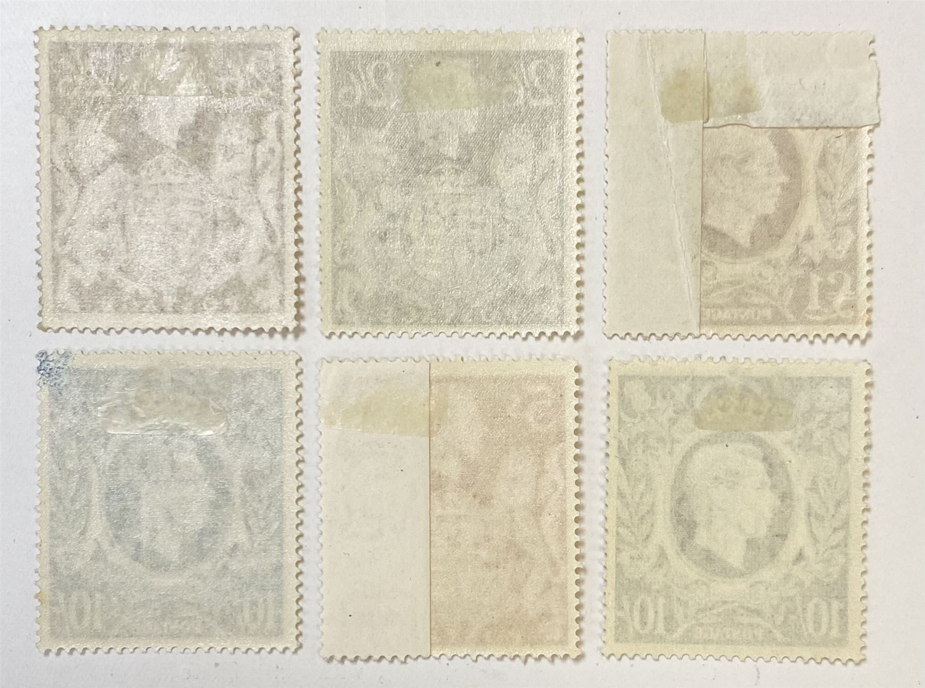 Great Britain King George VI 1939-48 set of six stamps, including ten shillings dark blue, all unused, all previously mounted