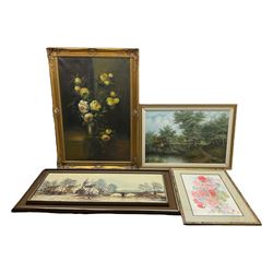 Two large Continental oils on canvas, Ron Folland print, botanical watercolour, and a gilt framed mirror (5)