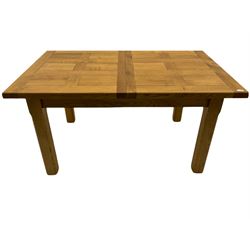 Distressed light oak dining table, extending to 230cm with two leaves; and six ladder back chairs