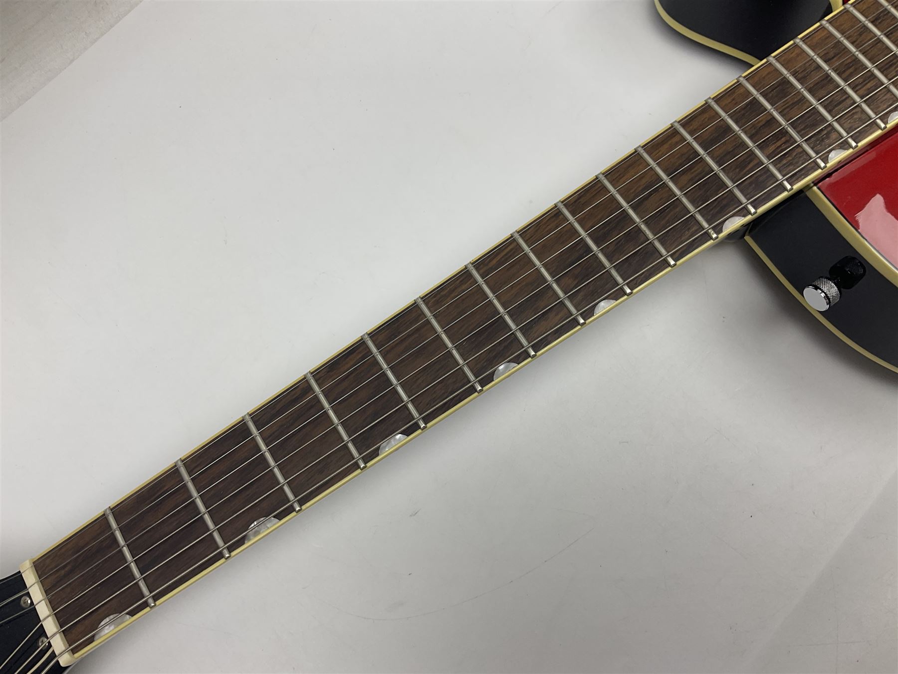 Gretsch Electromatic semi-acoustic guitar model G5129 in black and red with Bigsby tremolo, serial no.KS05063904; L105cm; in fitted hard carrying case