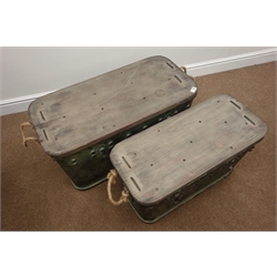  Two graduating industrial style metal and wood trunks with rope handles, W81cm/W72cm  