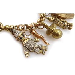 Gold belcher link bracelet with fourteen gold charms including ragdoll, clown, horse and money box, all 9ct hallmarked, tested or stamped