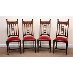  Set four oak Art Nouveau dining chairs, shaped and carved cresting rail, upholstered seat, W46cm    