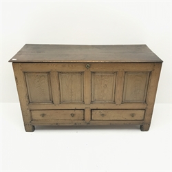  George III oak mule chest, hinged lid, four panel front above two drawers on stile supports, W146cm, H85cm, D58cm  