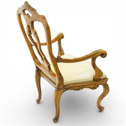 Pair of Italian carved walnut open armchairs, upholstered seats