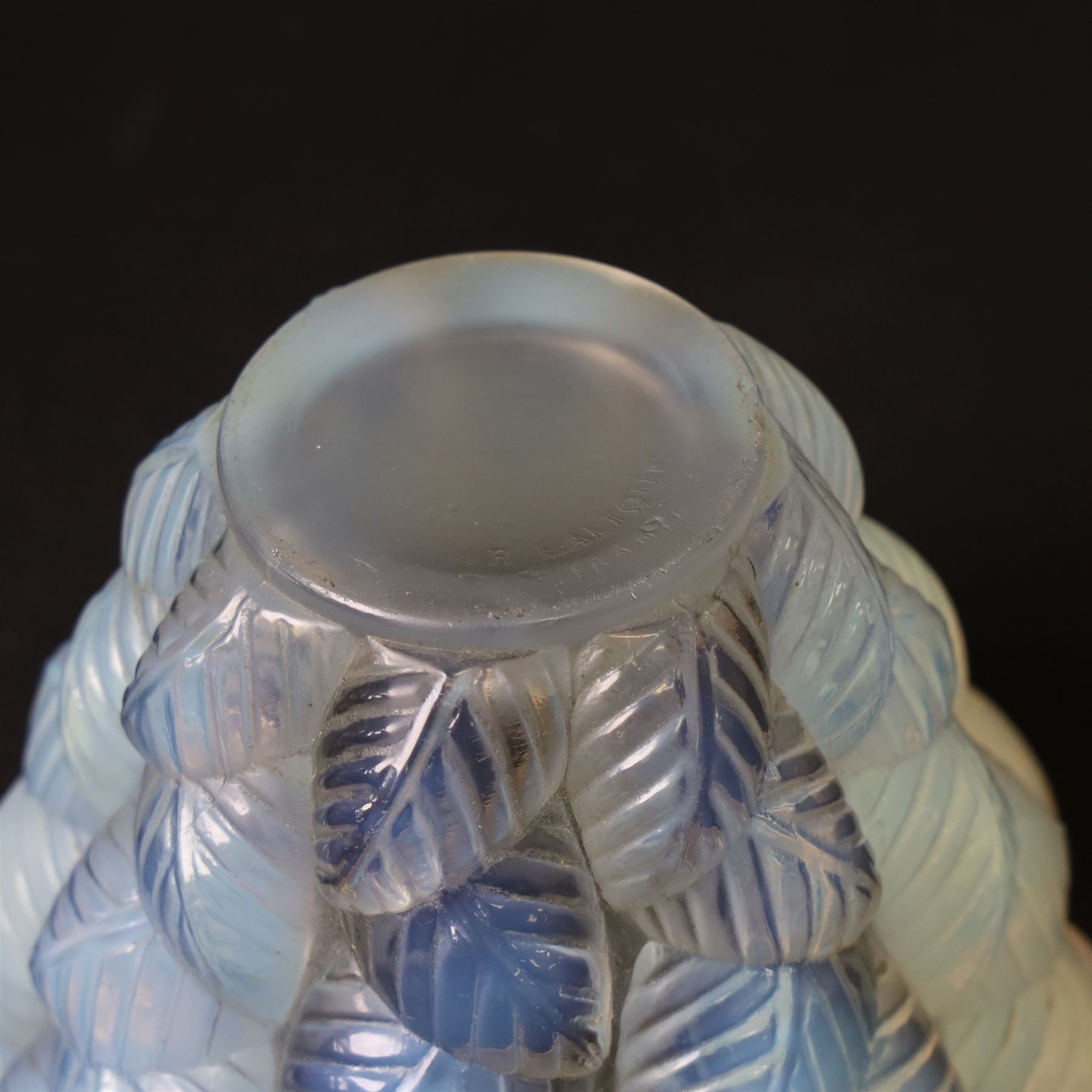 Rene Lalique (French, 1860-1945), Moissac pattern opalescent glass vase, model 992, designed circa 1930, moulded signature beneath, H13cm
