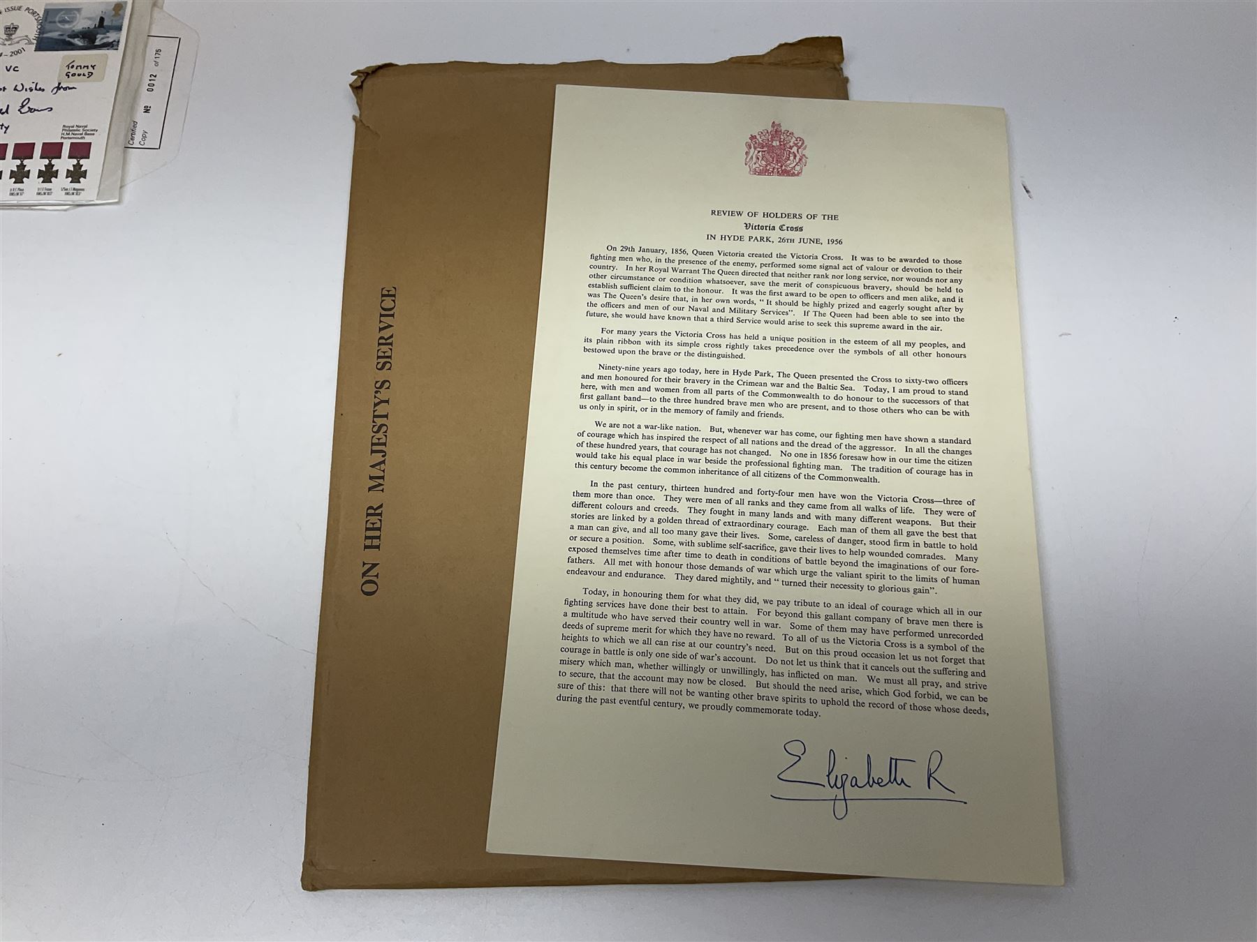 WW2 submarine interest - archive of ephemera and photographs relating to submariner Petty Officer (later Lieutenant) Thomas William Gould V.C. of HMSub Thrasher; predominantly post-war with later copies of contemporary photographs and documents including Certificate of Service in slip-case, War Patrol Reports, First Day Covers, press cuttings, 'For Valour' film script, business cards etc.
Auctioneer's Note: An extract from Gould's VC award citation reads 