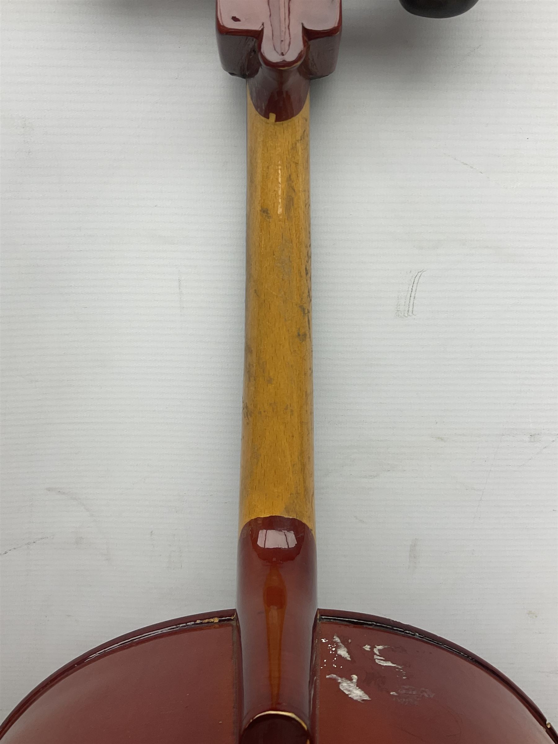 Two student half-size cellos - Boosey & Hawkes Artia with 65cm one-piece back and spruce top; bears maker's label; L104cm overall; and Romanian with 65.5cm two-piece maple back and ribs and spruce top; bears label; L108.5cm overall; each in soft carrying case with two bows (2)