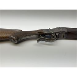 Rare Henry Pieper Liege seven-chambered solid barrel 297/30 calibre rim-fire volley gun with six barrels around a central seventh barrel drilled for simultaneous fire, built on a Remington type rolling block action, blued 62cm barrel with raised rib and twin rear leaf sights, case hardened action complete with loading plate for seven cartridges, walnut stock with chequered pistol grip and fore-end and inset 'silver' cartouche with two Chinese type characters, no.256PLN, L109cm overall