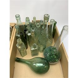 A large collection of green, blue and clear glass bottles, to include lemonade, soda water bottle, Brewery bottles, a number of local interest marked Hull. 