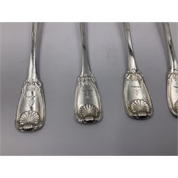 George IV Scottish silver Kings pattern cutlery for six place settings, to include table spoons, table forks, dessert spoons and dessert forks, all engraved with shamrock crest to terminal, hallmarked Robert Gray & Son, Glasgow 1833